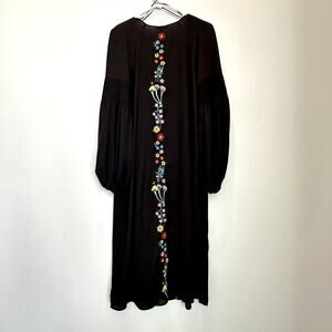 Neiman Marcus Dress Womens Small Black Embroidered Boho Floral Midi Long Sleeve